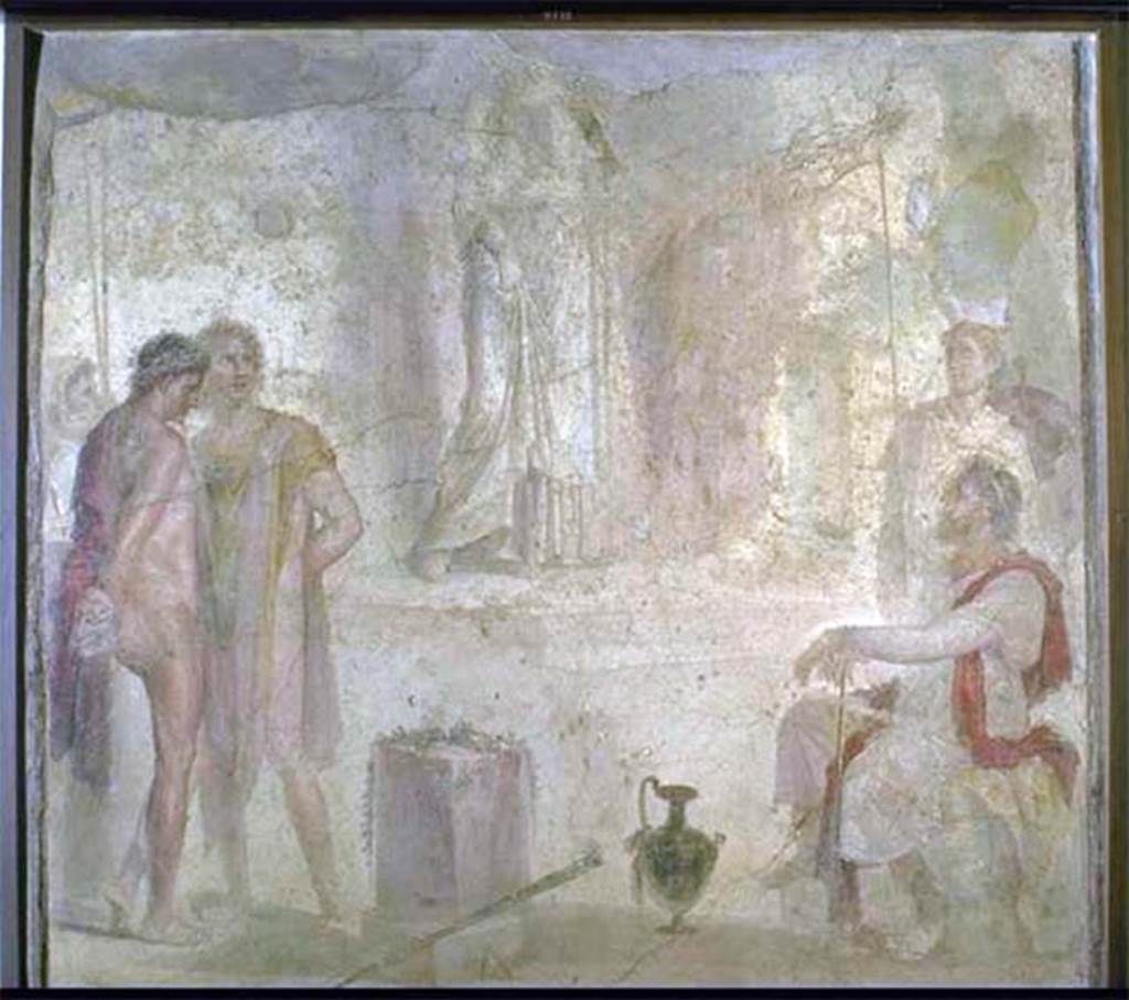I.4.25 Pompeii. 1964. Room 35, detail from central painting on east wall of exedra.
Photo by Stanley A. Jashemski.
Source: The Wilhelmina and Stanley A. Jashemski archive in the University of Maryland Library, Special Collections (See collection page) and made available under the Creative Commons Attribution-Non Commercial License v.4. See Licence and use details. J64f1051
