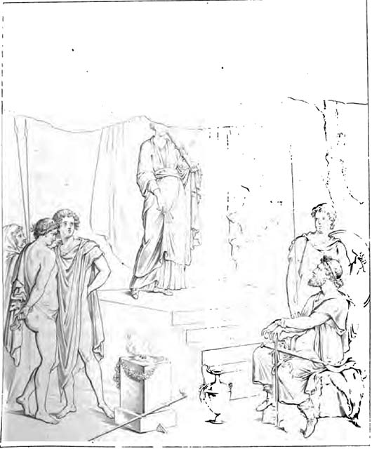 I.4.25 Pompeii. Room 35, exedra. Perhaps 1854. Drawing by Nicola La Volpe of wall painting from east wall. 
According to Disegnatori, June 1834 is the date seen on the note on the lower left of drawing.
See Carratelli, G. P., 2003. Pompei: La documentazione nell'Opera di disegnatori e pittori dei secoli XVIII e XIX. Roma: Istituto della enciclopedia italiana, p. 599.
The excavation dates for I.4.25 and the dating of ADS 27 also in this house, by La Volpe and with a similar note (see below) to 1854 suggest this may perhaps also be read as June 1854.
Now in Naples Archaeological Museum. Inventory number ADS 28.
Photo © ICCD. http://www.catalogo.beniculturali.it
Utilizzabili alle condizioni della licenza Attribuzione - Non commerciale - Condividi allo stesso modo 2.5 Italia (CC BY-NC-SA 2.5 IT)

