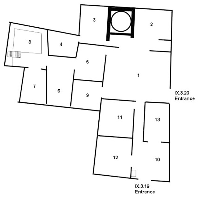 IX.3.19 Pompeii. Shop and rooms. Taberna T. Genialis
IX.3.20 Pompeii. Bakery
Combined Room Plan