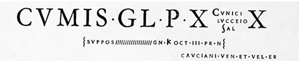Pompeii Porta Nocera. Tombs 11ES and 9ES. Graffiti on tomb fronts.
According to Epigraphik-Datenbank Clauss/Slaby (See www.manfredclauss.de) this reads

Cumis gl(adiatorum) p(aria) XX
[et eorum] suppos[iticii pu]gn(abunt) K(alendis) Oct(obribus) III pr(idie) N[onas Octobres]
cruciarii ven(atio) et vela er(unt)
Cunicl(us) / Lucceio / sal(utem)      [CIL IV 9983a]
